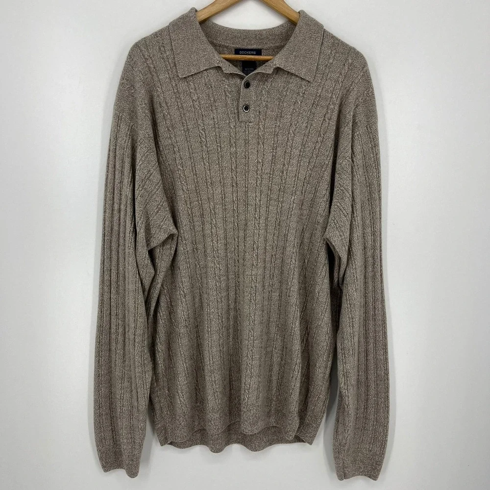 Dockers Mens XLT Tall Heathered Tan Cable Knit Polo Sweater Long Sleeve Vtg 90s